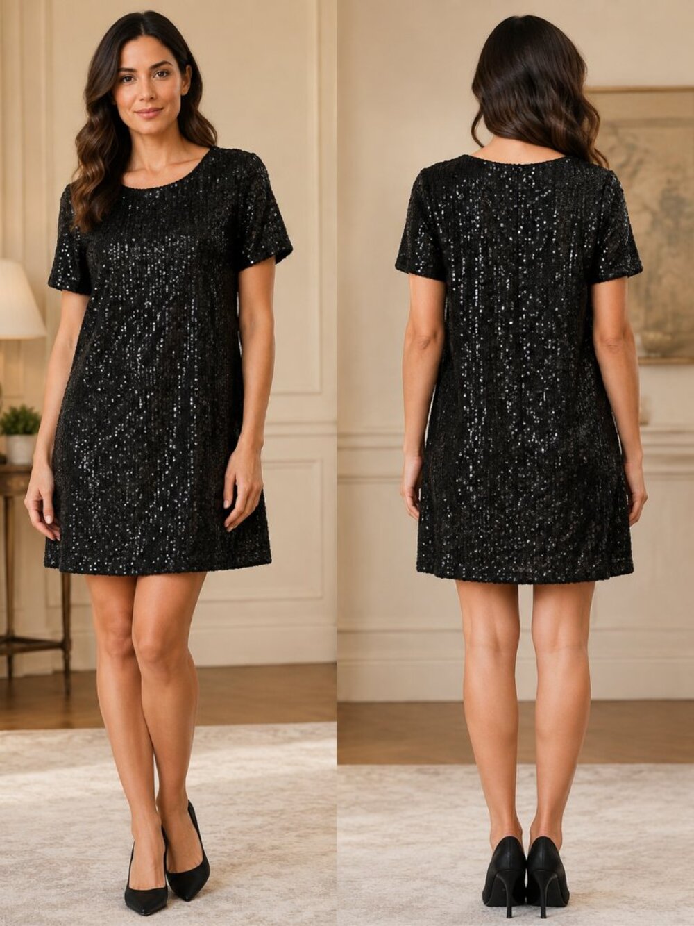 Steve Madden Black Sequin Short Sleeve Shift Mini Dress Size M